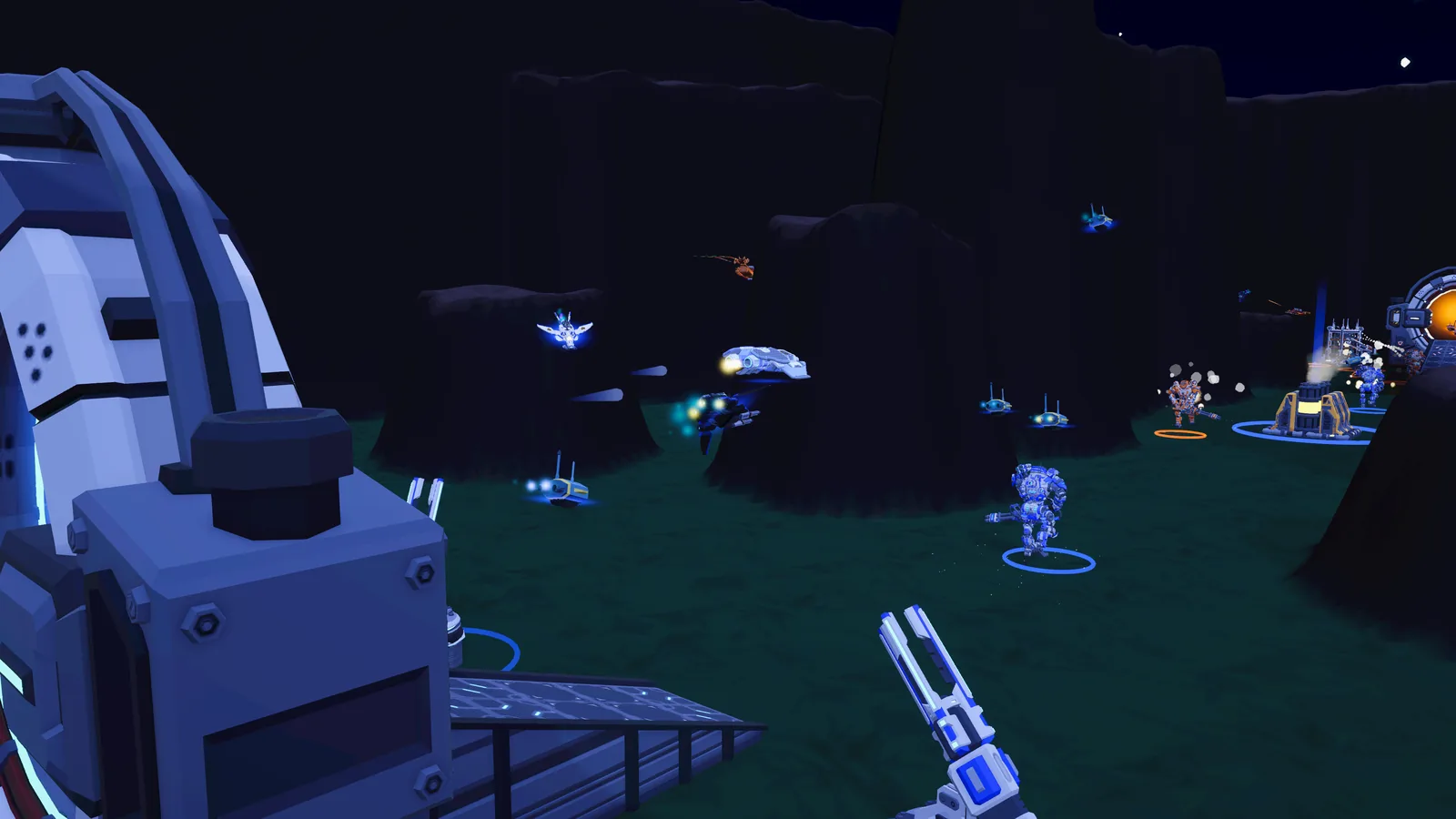 Siege Waves at night: a tower up close, drones and mechs in the canyon beyond