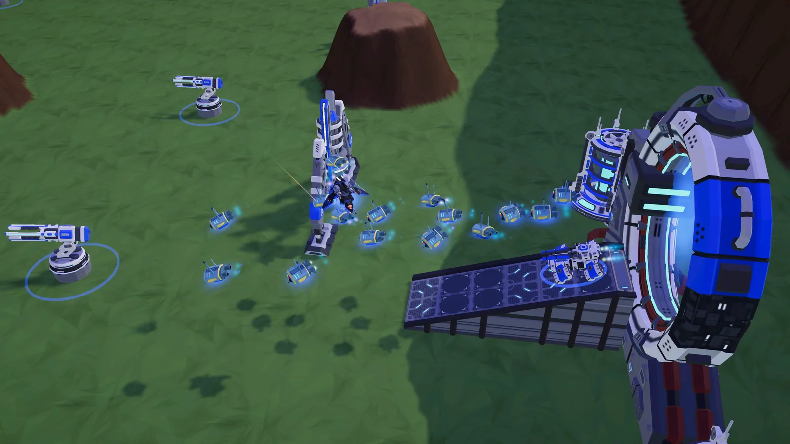A mech and its creeps leaving the gate