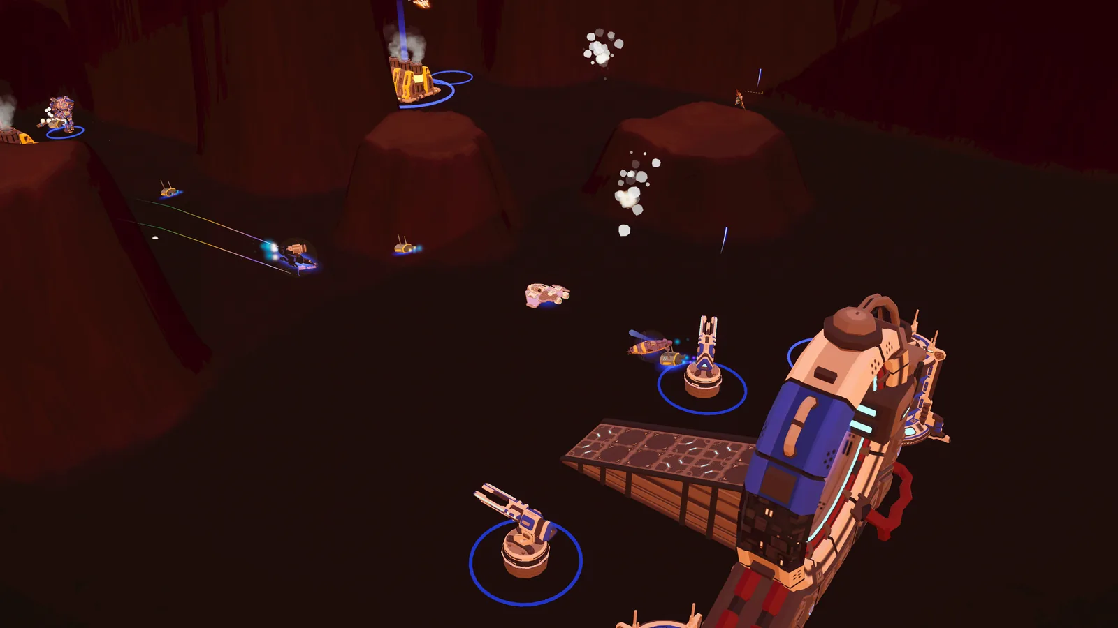 A mech marching past a tower in the volcanic canyon