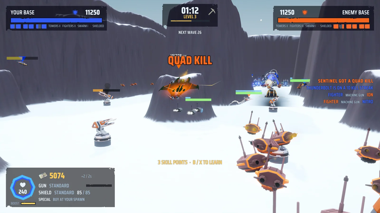 In the cockpit view over the snow arena: a quad kill