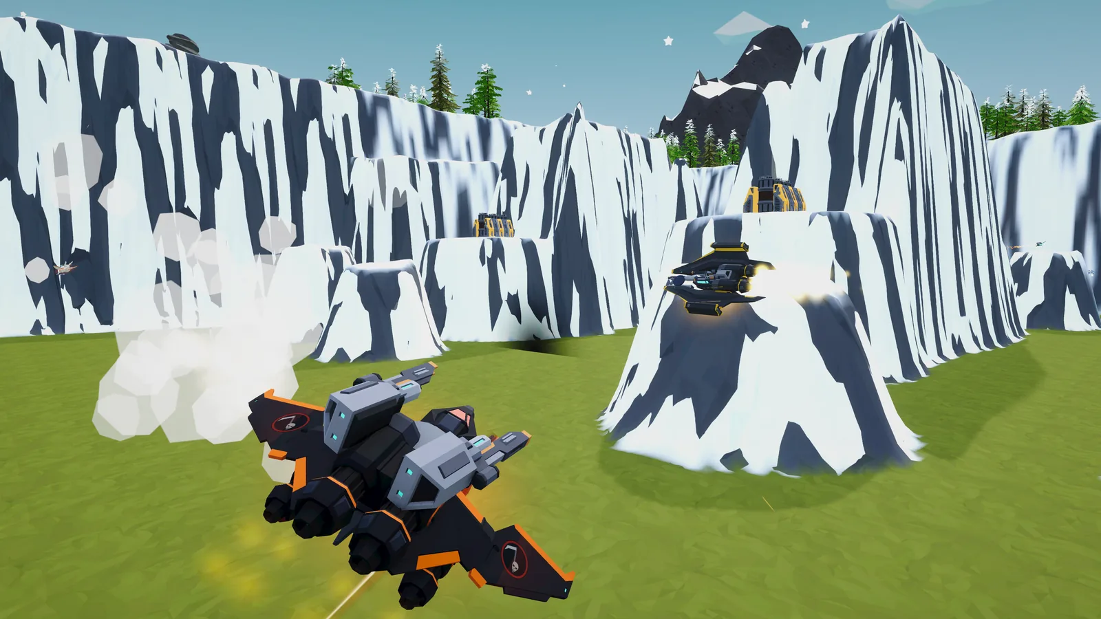 A black and orange drone dogfighting under alpine peaks