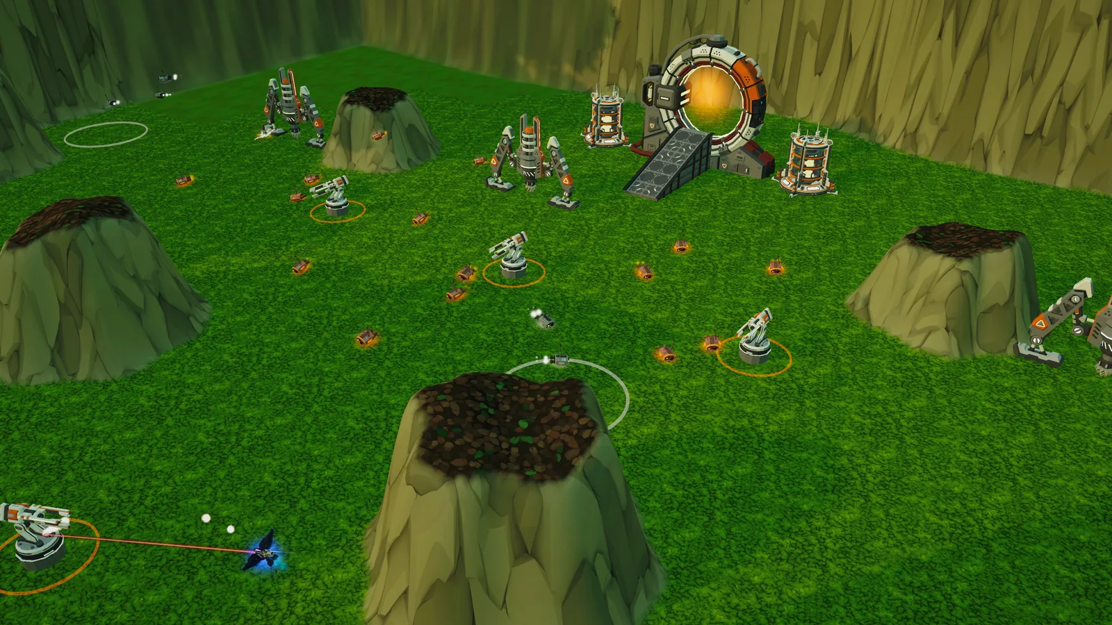 The forest arena from above: towers, mines and creeps