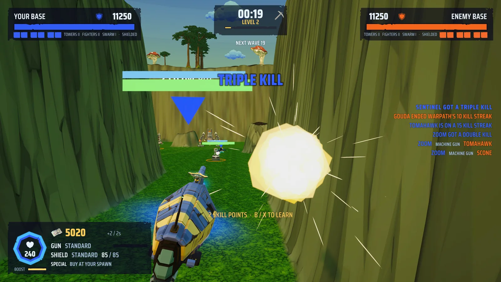 A triple kill in the forest canyon, with the HUD