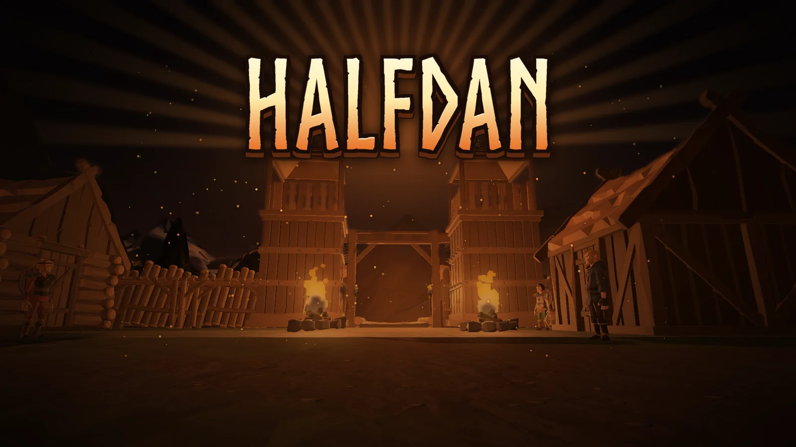 Halfdan title art: the town gate at night, fires lit