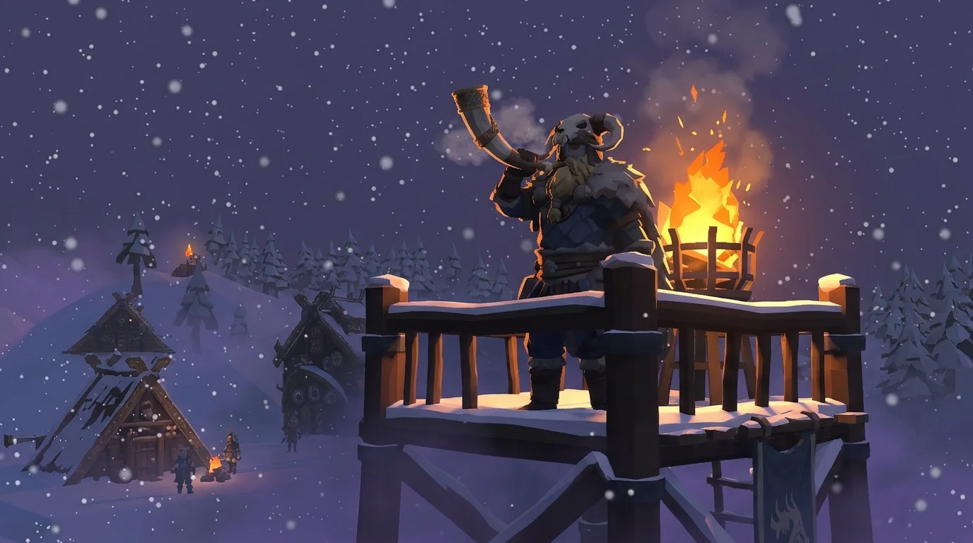 Winter art: a Viking watchman blows a war horn beside a burning beacon above his snowy village