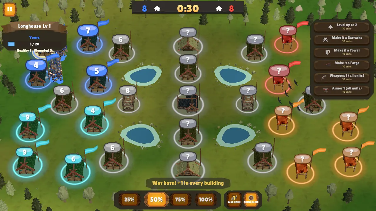 Crossroads in summer: a hall's upgrade panel open as the war horn sounds