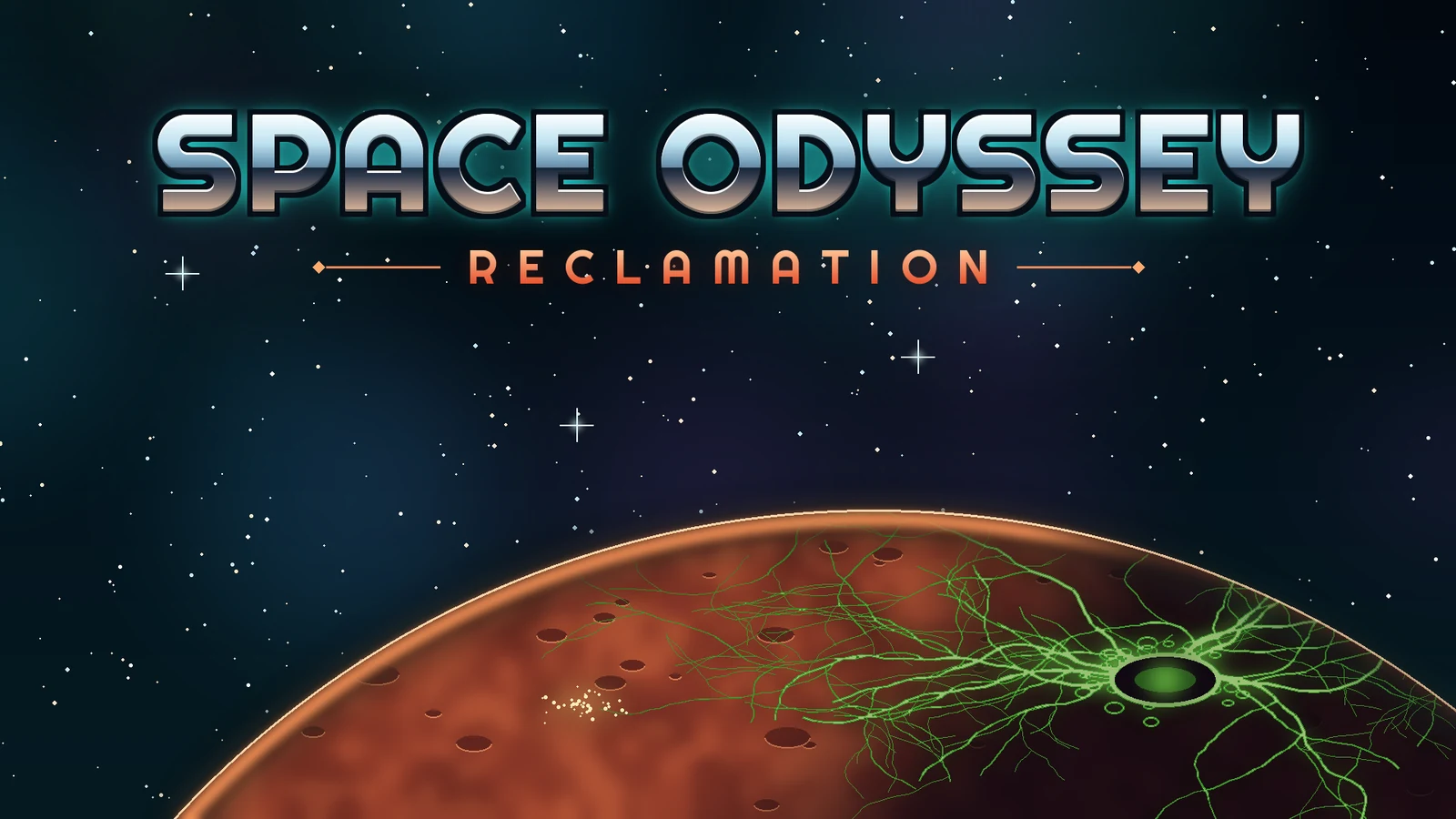 Space Odyssey: Reclamation title art: a red planet from orbit, green hive creep spreading over it